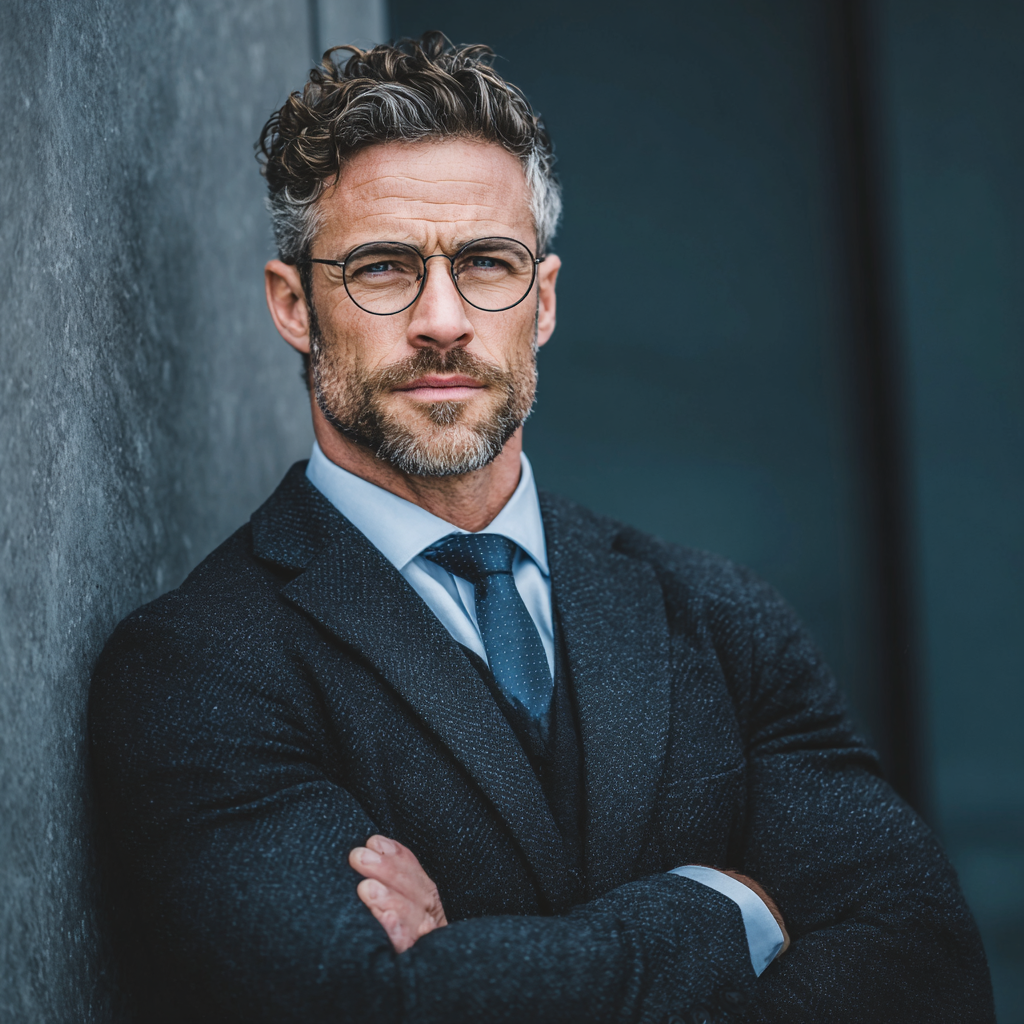 Confident man in business suit standing with arms crossed, representing personal power and professional success