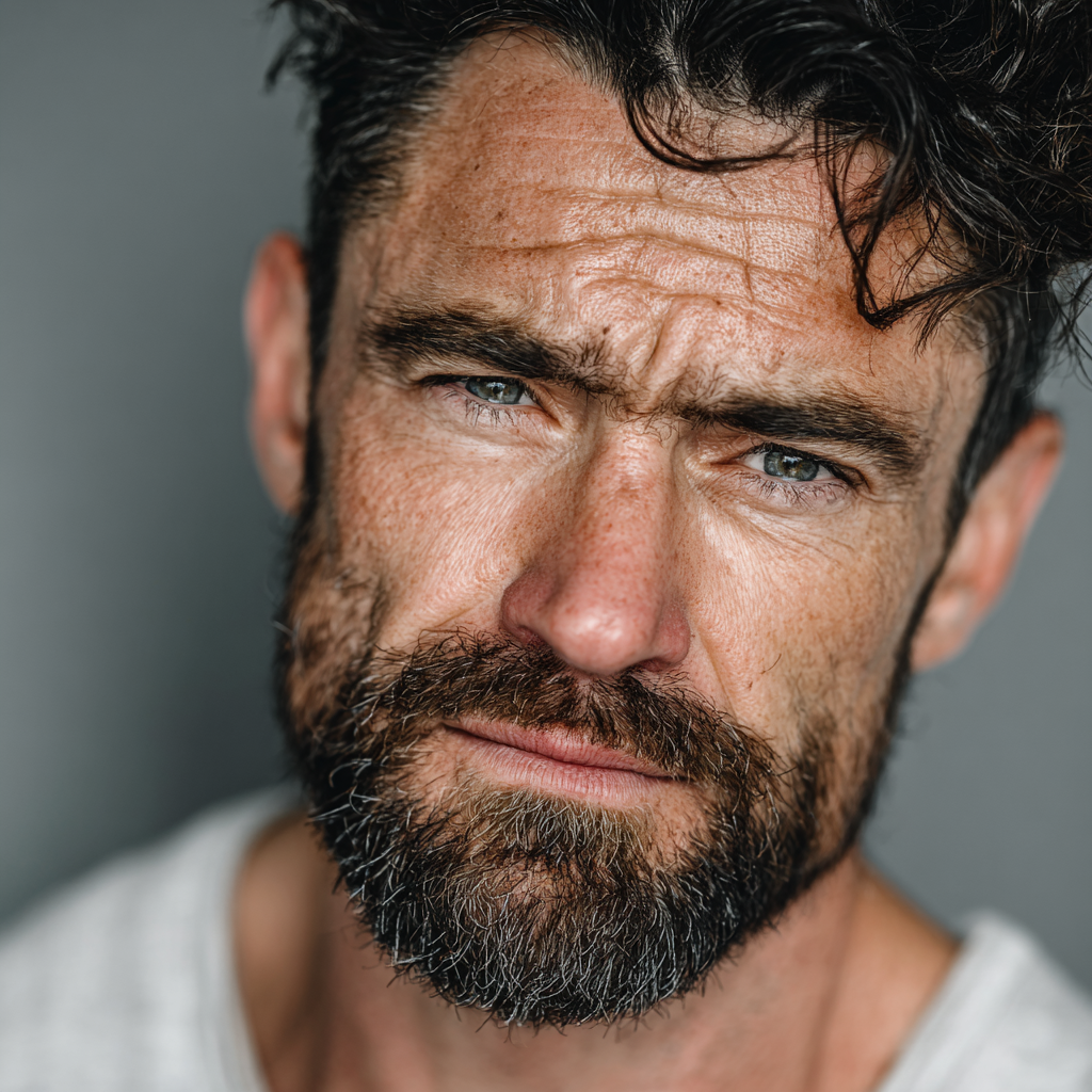 Focused man looking directly at camera with determination and confidence, representing mental strength and personal transformation